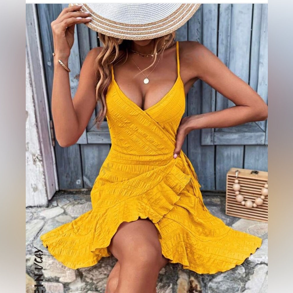 Shein yellow cross cross tie dress size XL-12